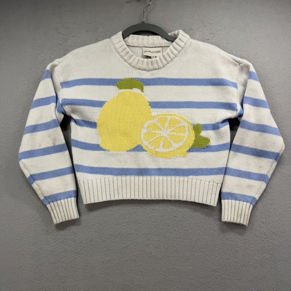 Freshman 1996 Sweater Womens XS Blue Striped Lemon Graphic Knit Cropped Pullover